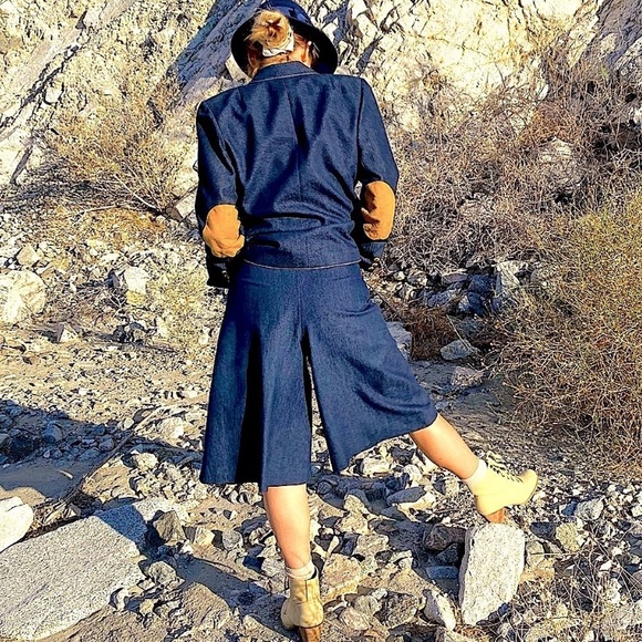 VTG 70s Dark Raw Denim Wide Leg Bermuda Shorts & Coordinated Blazer Set, sz 6/8 - Picture 8 of 16